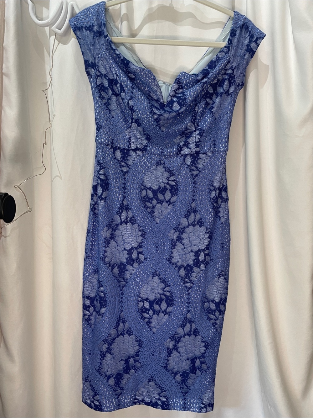 Guess Blue Floral Lace Cowl Neck Midi Dress